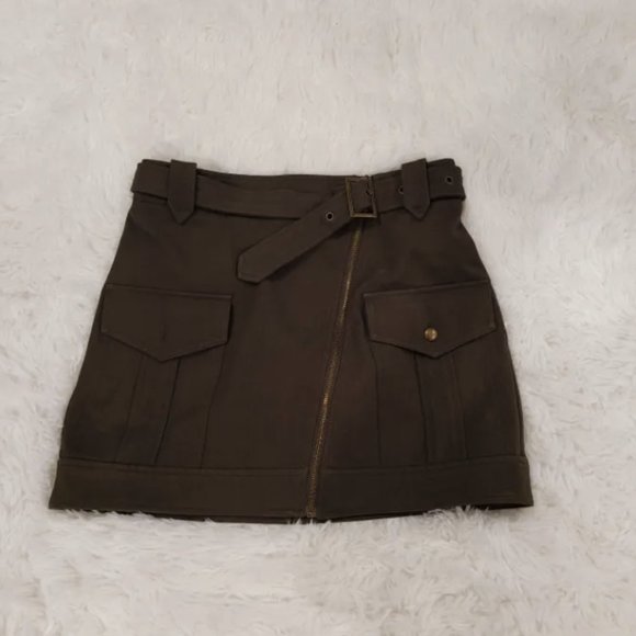 Kaki belt mini skirt Short skirt w/Exposed Diagonal Zip - Picture 2 of 3